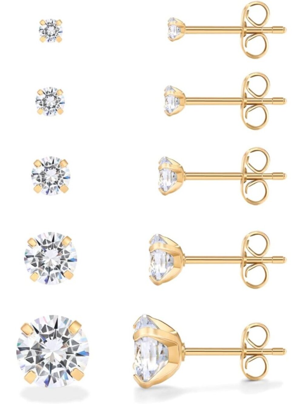 Waterproof CZ Stud Earrings Set of 5 for Women - 14K Gold Plated, Stylish